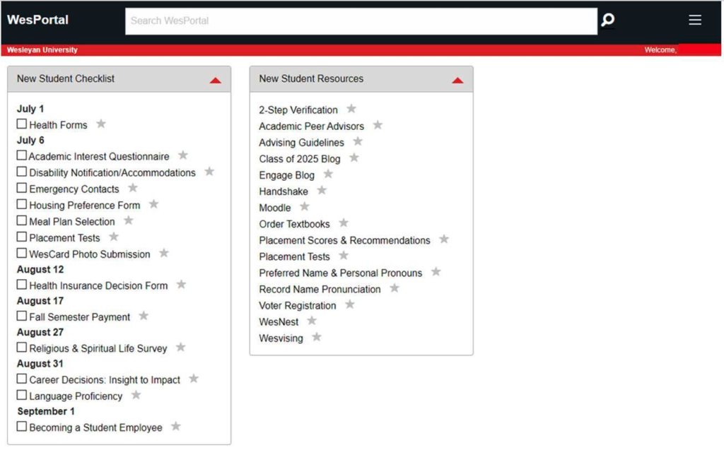 Black, white, and red image of WesPortal New Student Checklist; Listing of New Student Resources