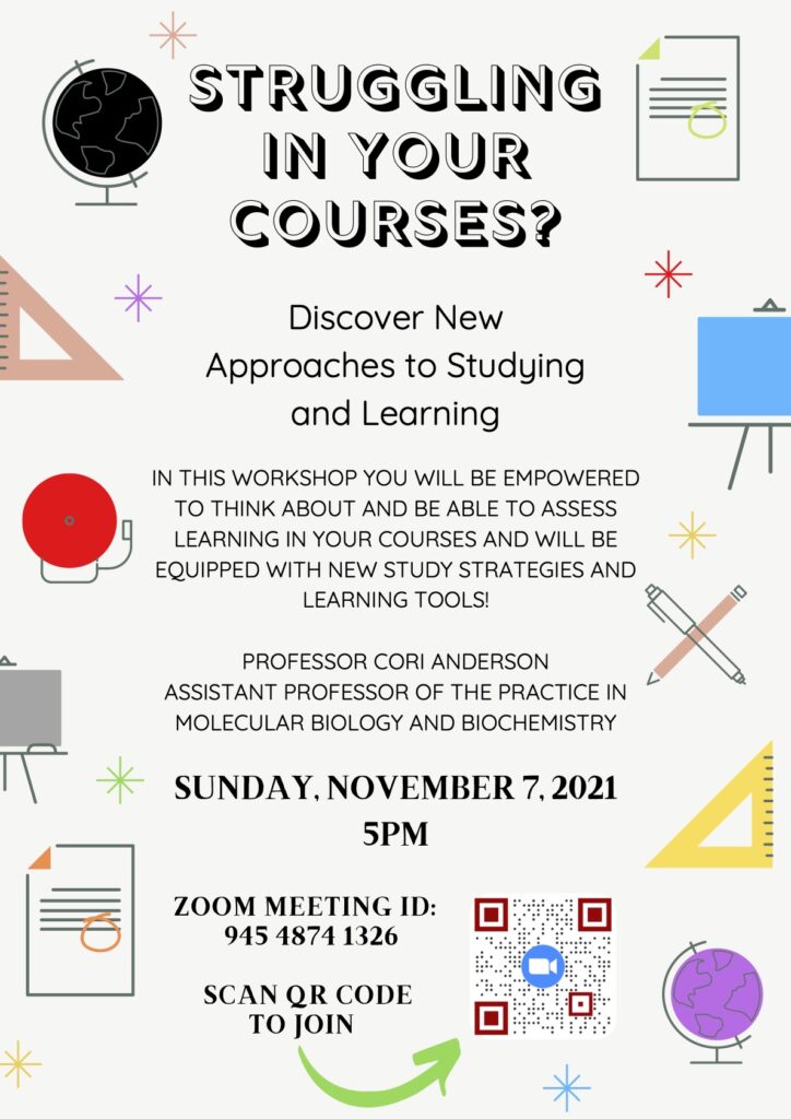 Flyer with information on zoom session focused on new approaches to studying and learning. Text on zoom session listed above flyer. 