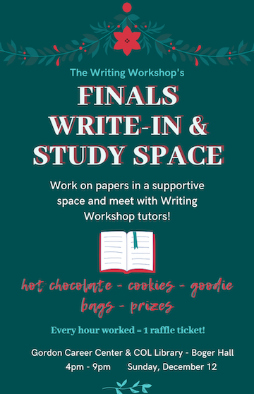 Green flyer with white font outlining information about Finals Write-In (information offered via text above flyer)