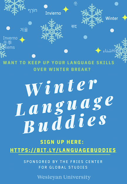 Blue flyer with white font. Font describes Winter Language Buddy program.