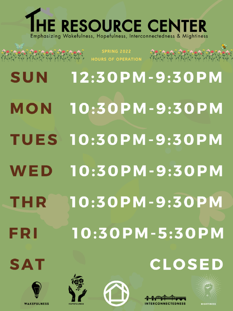 Green flyer that lists Resource Center Hours (also included in text above flyer).