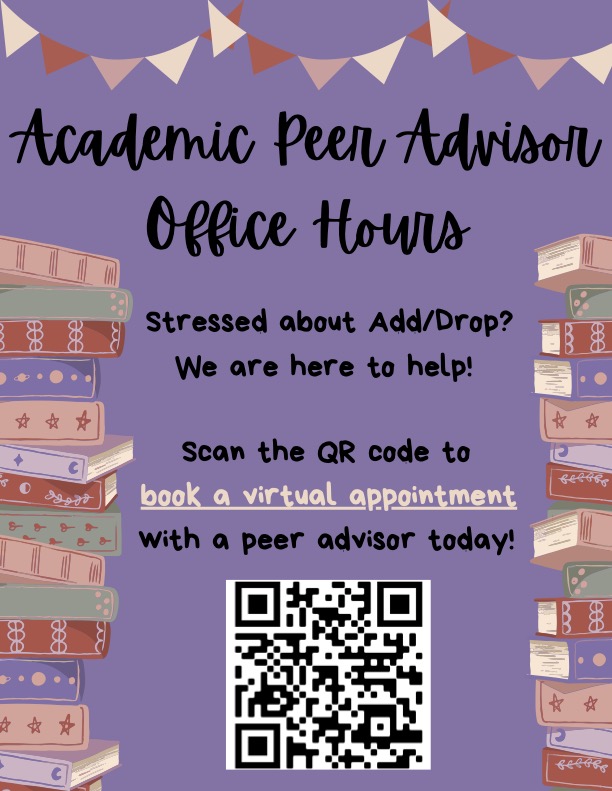 Purple flyer with black cursive lettering. Text about scheduling an appointment with an Academic Peer Advisor by scanning the QR code.