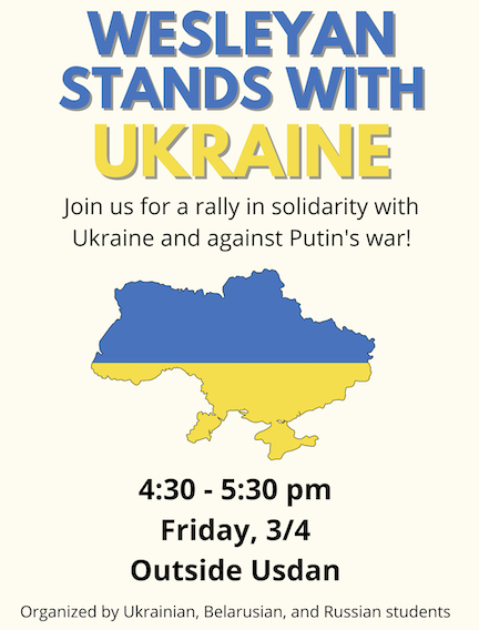 Blue flyer with yellow lettering; information on upcoming Ukraine-Russia Crisis events.